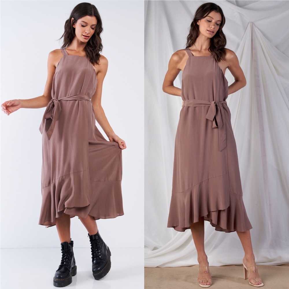 NEW Mocha Ruffle Flowy Midi Dress